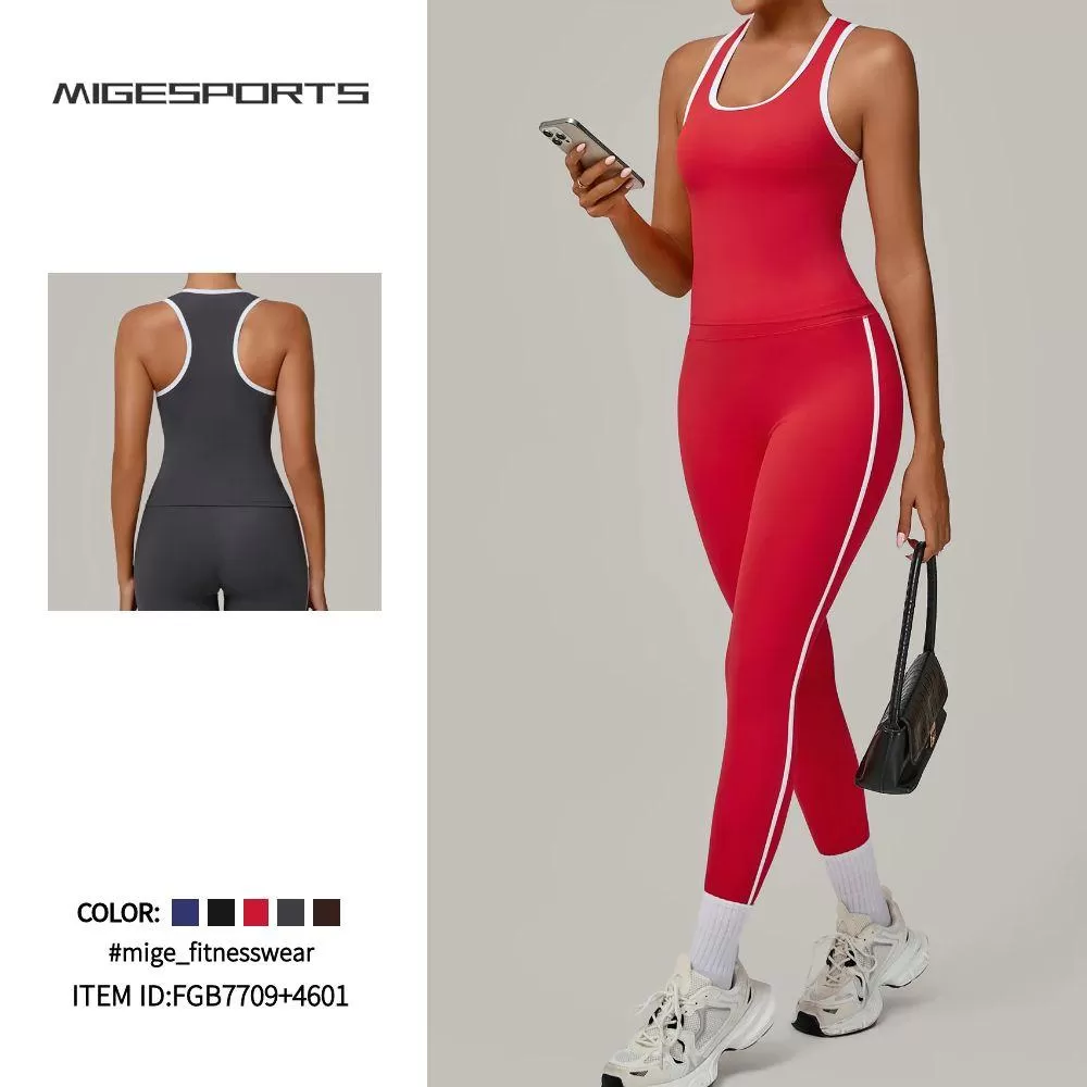 Conjunto deportivo de 2 piezas para gimnasio, sin mangas, camiseta, chaleco, leggings, conjuntos de yoga FGB7709+4601