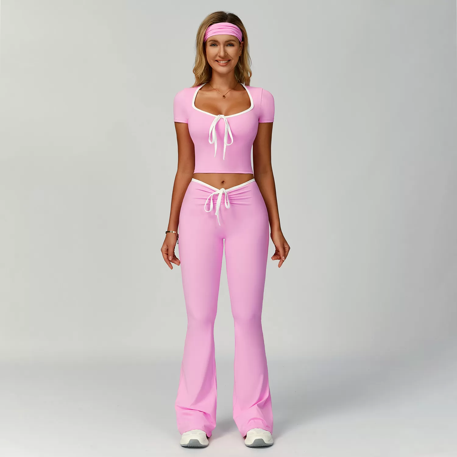Conjunto rosa de manga corta + pantalón largo + banda para el pelo