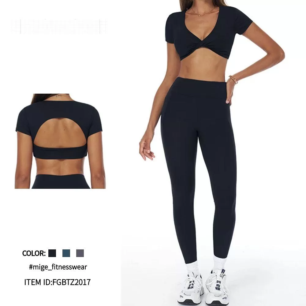 Conjunto de yoga y fitness para mujer, de manga corta y sin espalda, con leggings largos, FGBTZ3092