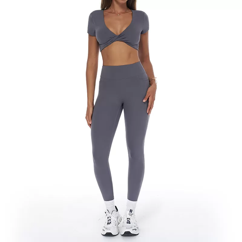 Conjunto de yoga y fitness para mujer, de manga corta y sin espalda, con leggings largos, FGBTZ3092