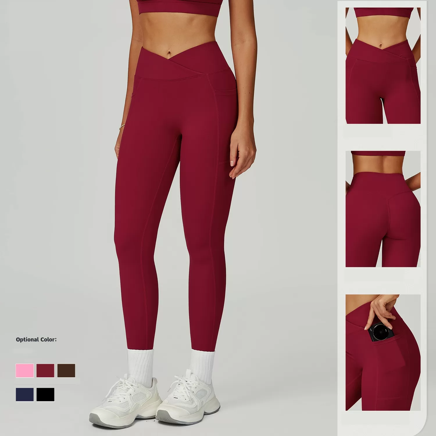 Leggings de yoga con bolsillo lateral y diseno en V para mujer, FGBECK2030-1