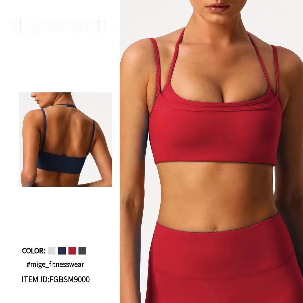 Sujetador deportivo de yoga ajustable con cuello halter y espalda descubierta de doble capa FGBSM9000