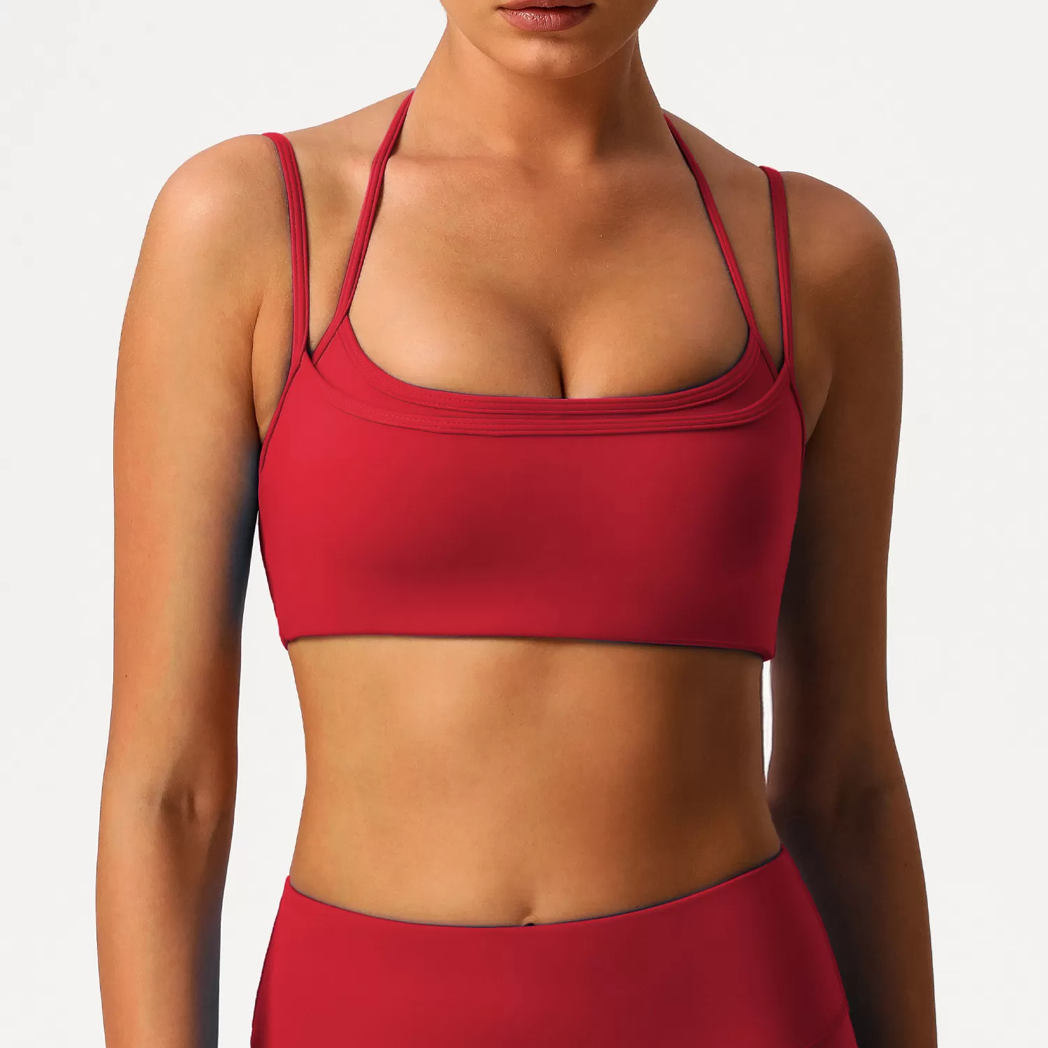 Sujetador deportivo de yoga ajustable con cuello halter y espalda descubierta de doble capa FGBSM9000