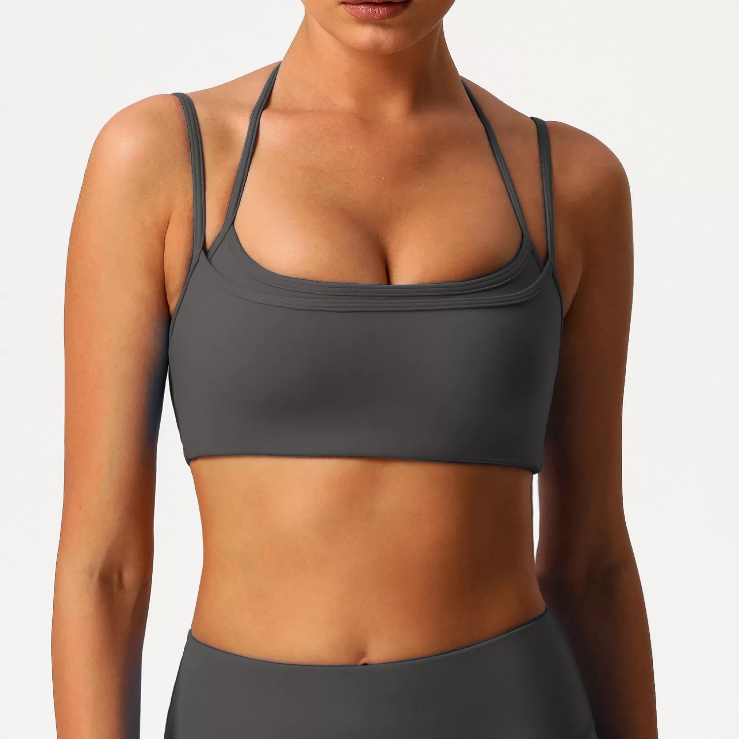 Sujetador deportivo de yoga ajustable con cuello halter y espalda descubierta de doble capa FGBSM9000