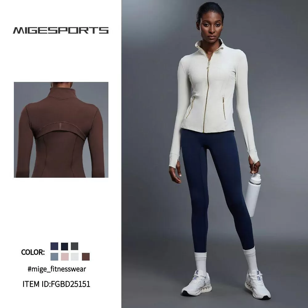 Chaqueta deportiva con cremallera y cuello alto para mujer, con mangas de yoga y cremallera FGBD25151
