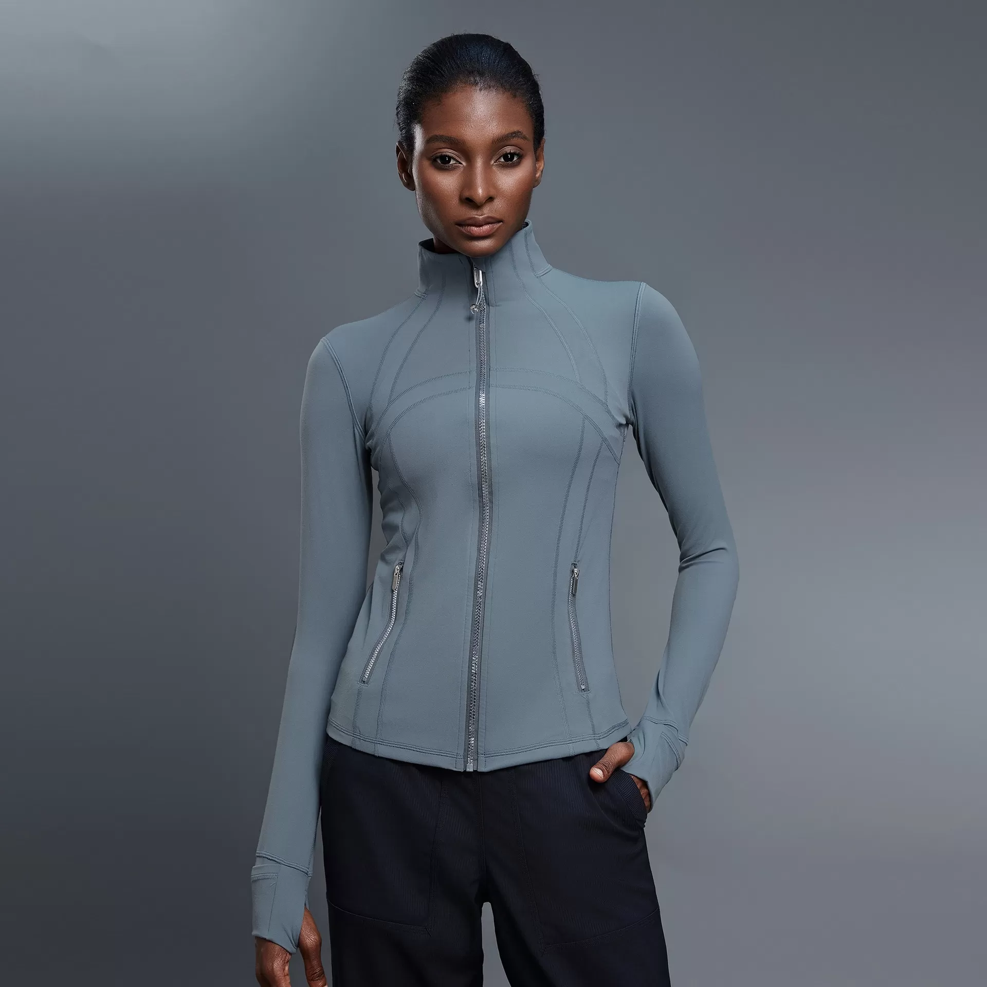 Chaqueta deportiva con cremallera y cuello alto para mujer, con mangas de yoga y cremallera FGBD25151