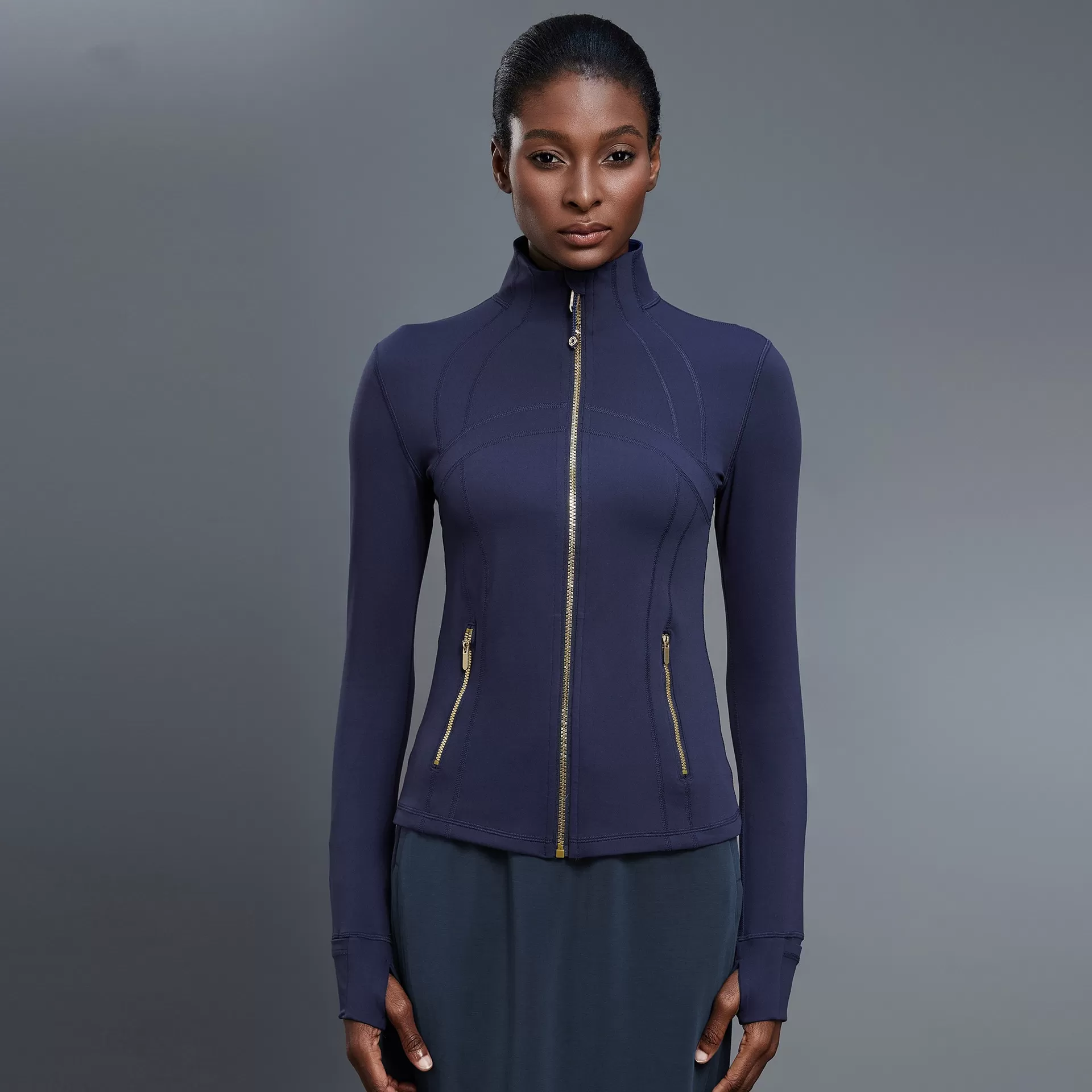 Chaqueta deportiva con cremallera y cuello alto para mujer, con mangas de yoga y cremallera FGBD25151