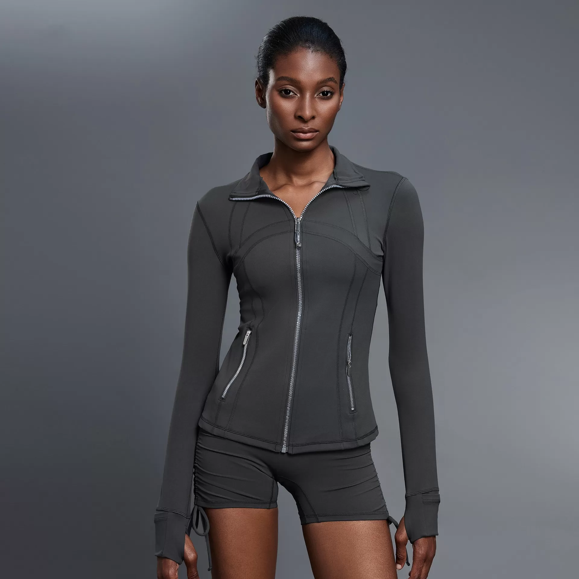 Chaqueta deportiva con cremallera y cuello alto para mujer, con mangas de yoga y cremallera FGBD25151