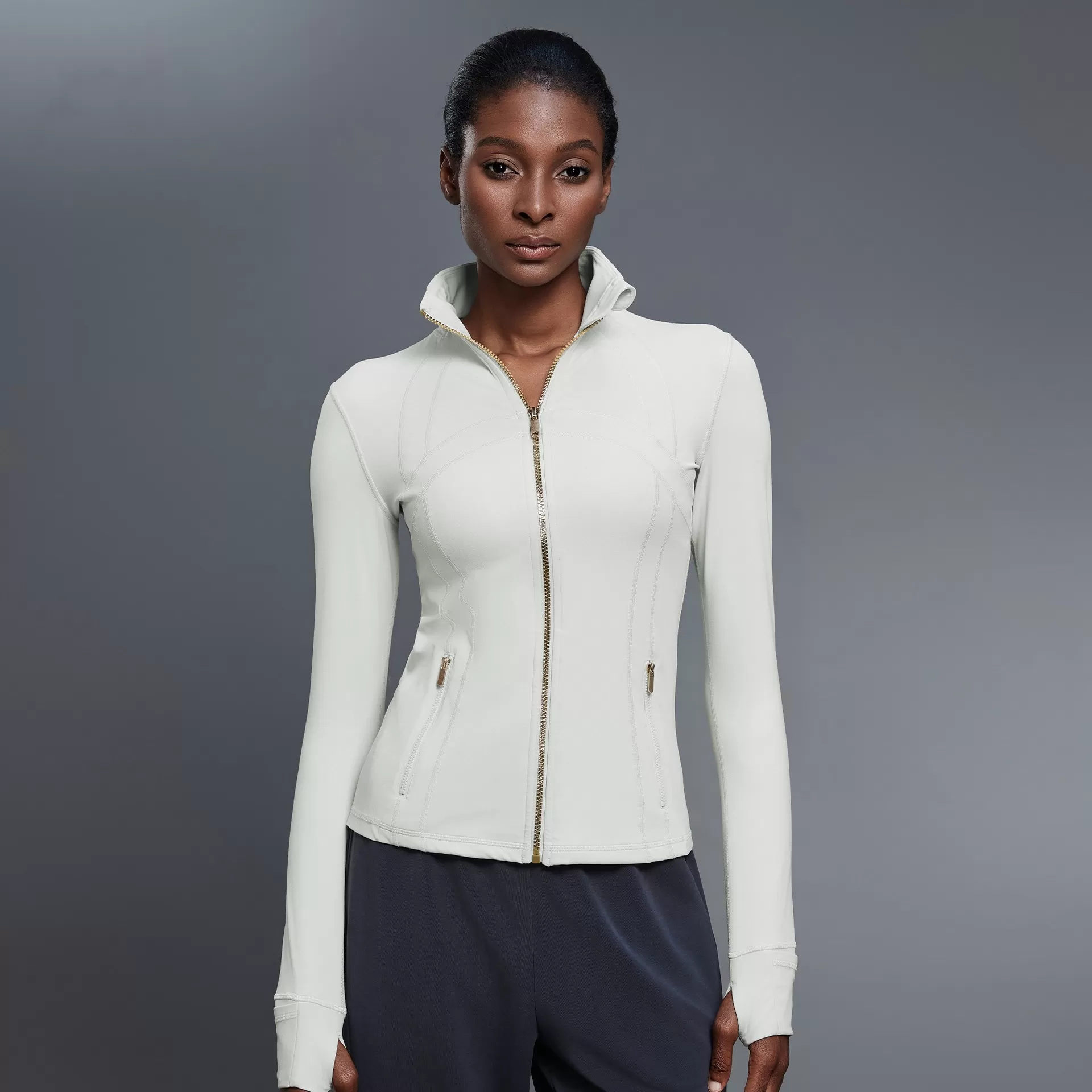 Chaqueta de mujer con cremallera y logotipo personalizado, abertura para el pulgar, suave y elastica, manga larga, FGBDAW182-2