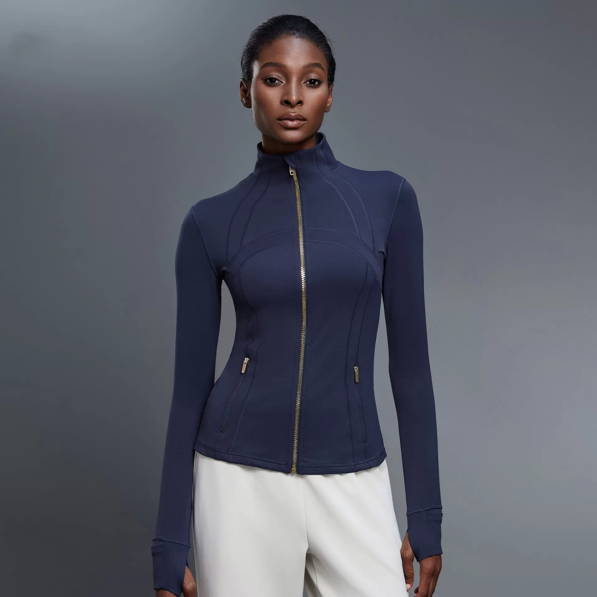 Chaqueta de mujer con cremallera y logotipo personalizado, abertura para el pulgar, suave y elastica, manga larga, FGBDAW182-2