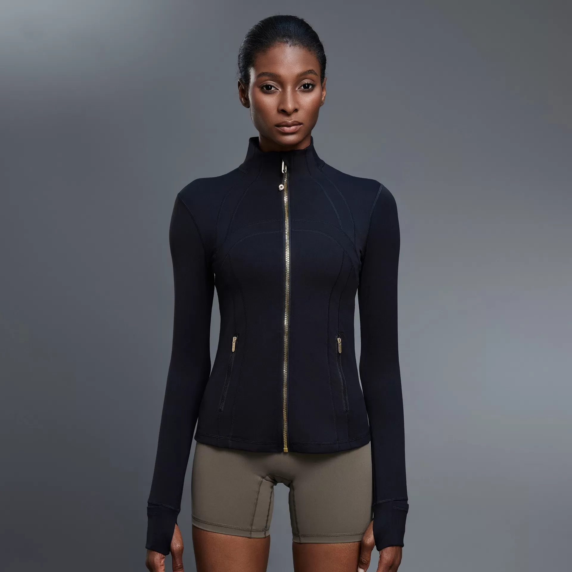 Chaqueta de mujer con cremallera y logotipo personalizado, abertura para el pulgar, suave y elastica, manga larga, FGBDAW182-2
