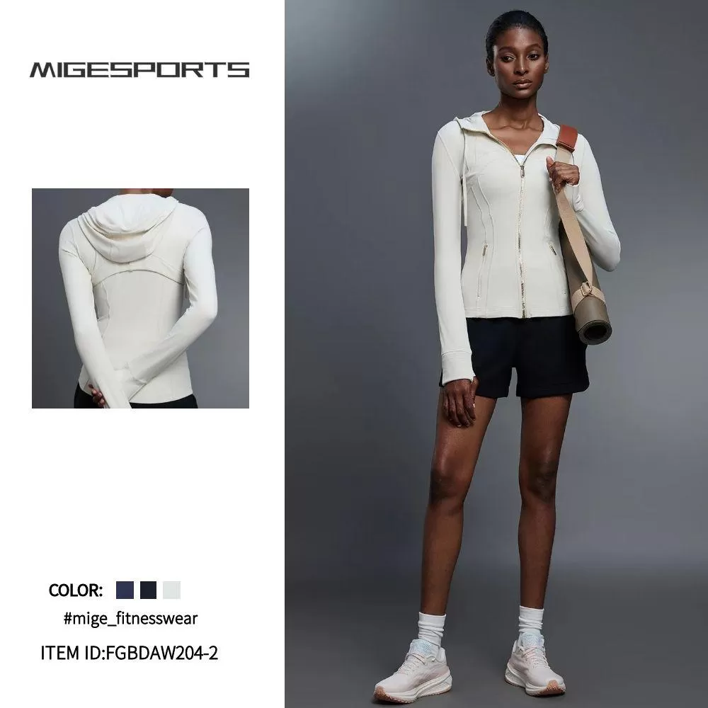 Chaqueta con capucha y cremallera con logotipo personalizado para mujer, con abertura para el pulgar, suave y elastica, de manga larga, FGBDAW204-2