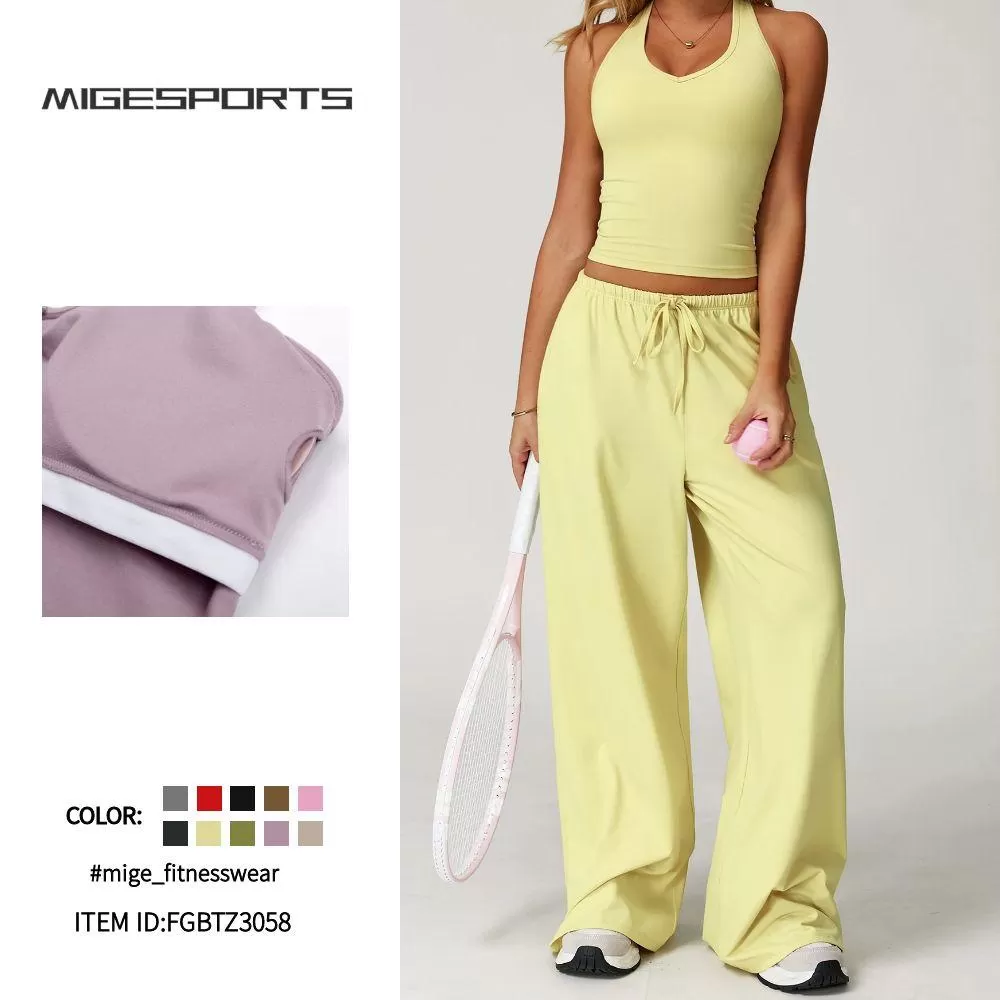 Conjunto de yoga deportivo de dos piezas para mujer, camiseta lisa, pantalon acampanado y cordon ajustable, FGBTZ3058