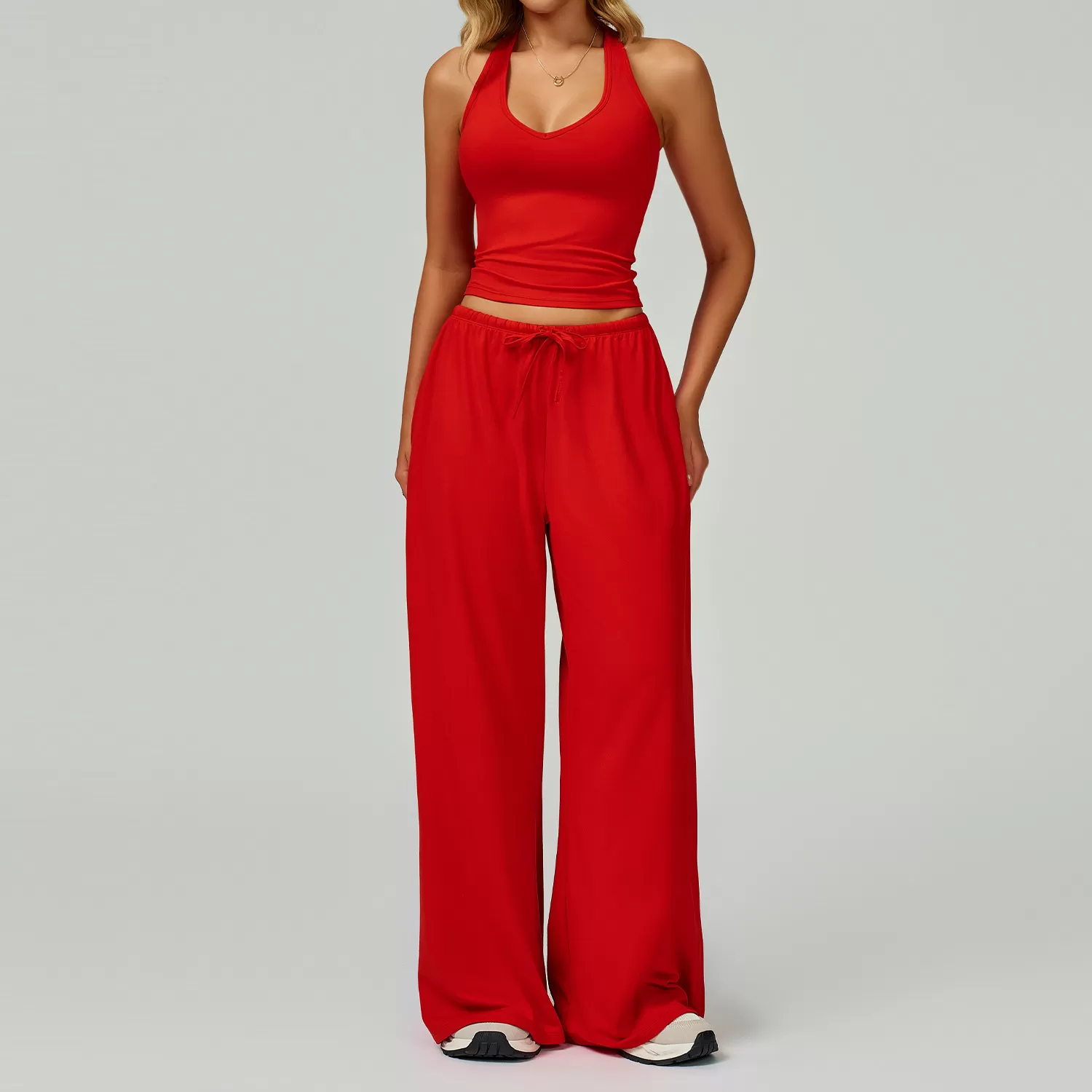 Conjunto de yoga deportivo de dos piezas para mujer, camiseta lisa, pantalon acampanado y cordon ajustable, FGBTZ3058