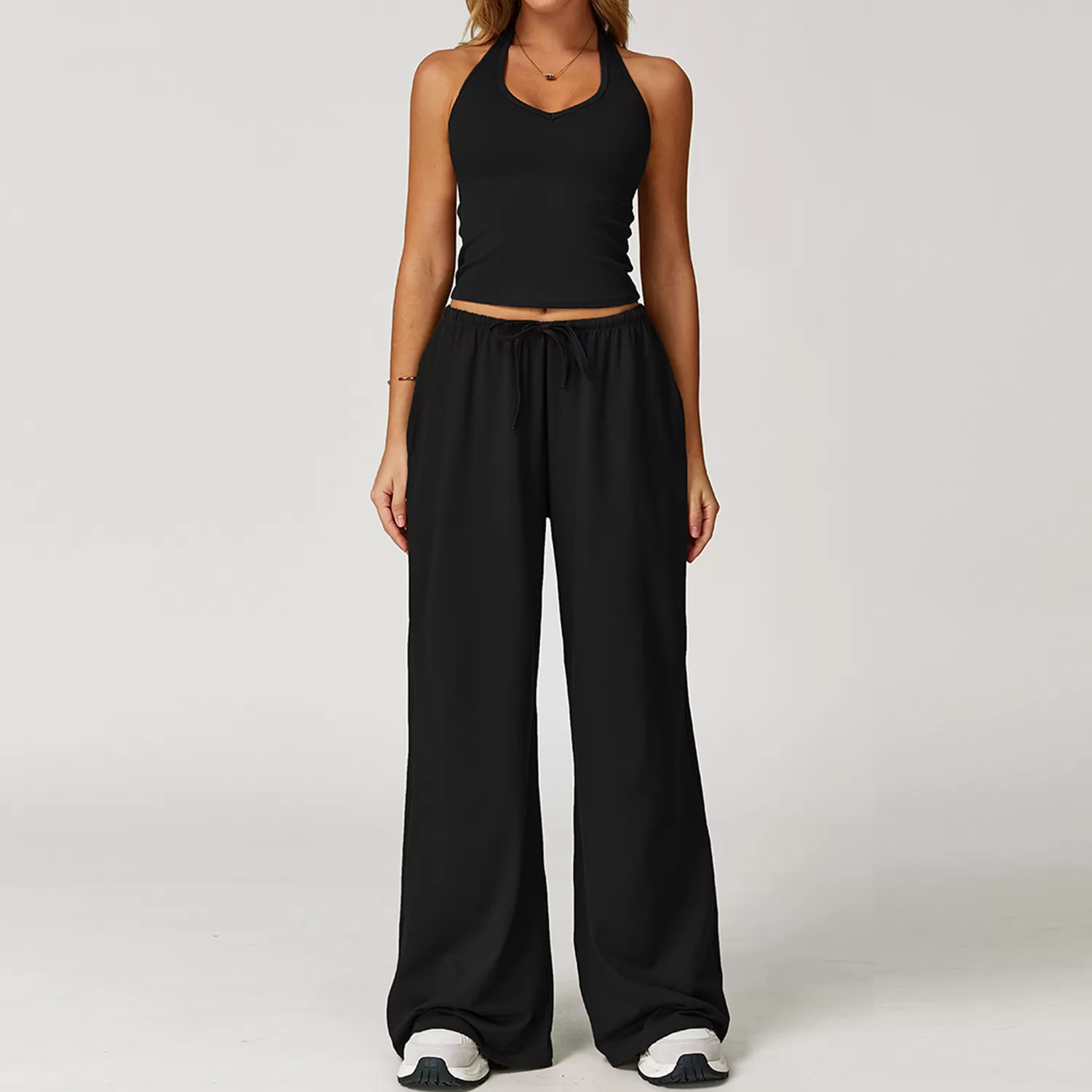 Conjunto de yoga deportivo de dos piezas para mujer, camiseta lisa, pantalon acampanado y cordon ajustable, FGBTZ3058
