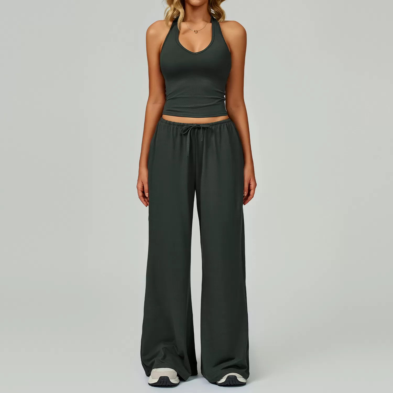Conjunto de yoga deportivo de dos piezas para mujer, camiseta lisa, pantalon acampanado y cordon ajustable, FGBTZ3058