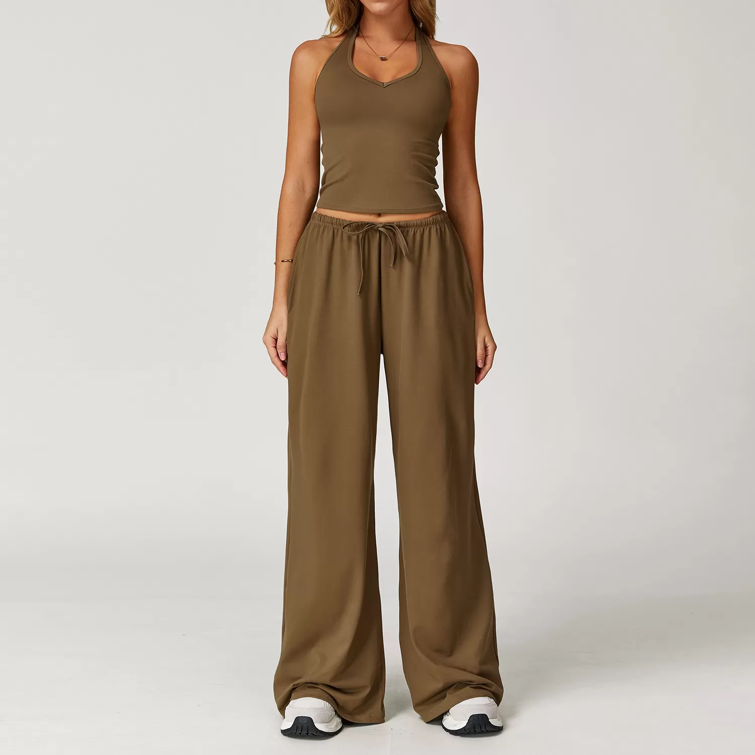 Conjunto de yoga deportivo de dos piezas para mujer, camiseta lisa, pantalon acampanado y cordon ajustable, FGBTZ3058