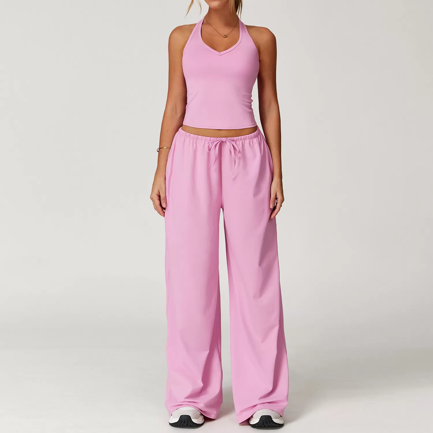 Conjunto de yoga deportivo de dos piezas para mujer, camiseta lisa, pantalon acampanado y cordon ajustable, FGBTZ3058
