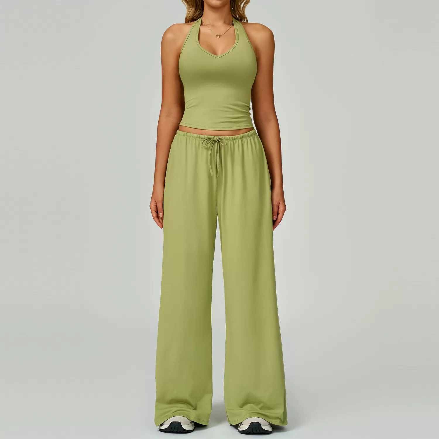 Conjunto de yoga deportivo de dos piezas para mujer, camiseta lisa, pantalon acampanado y cordon ajustable, FGBTZ3058