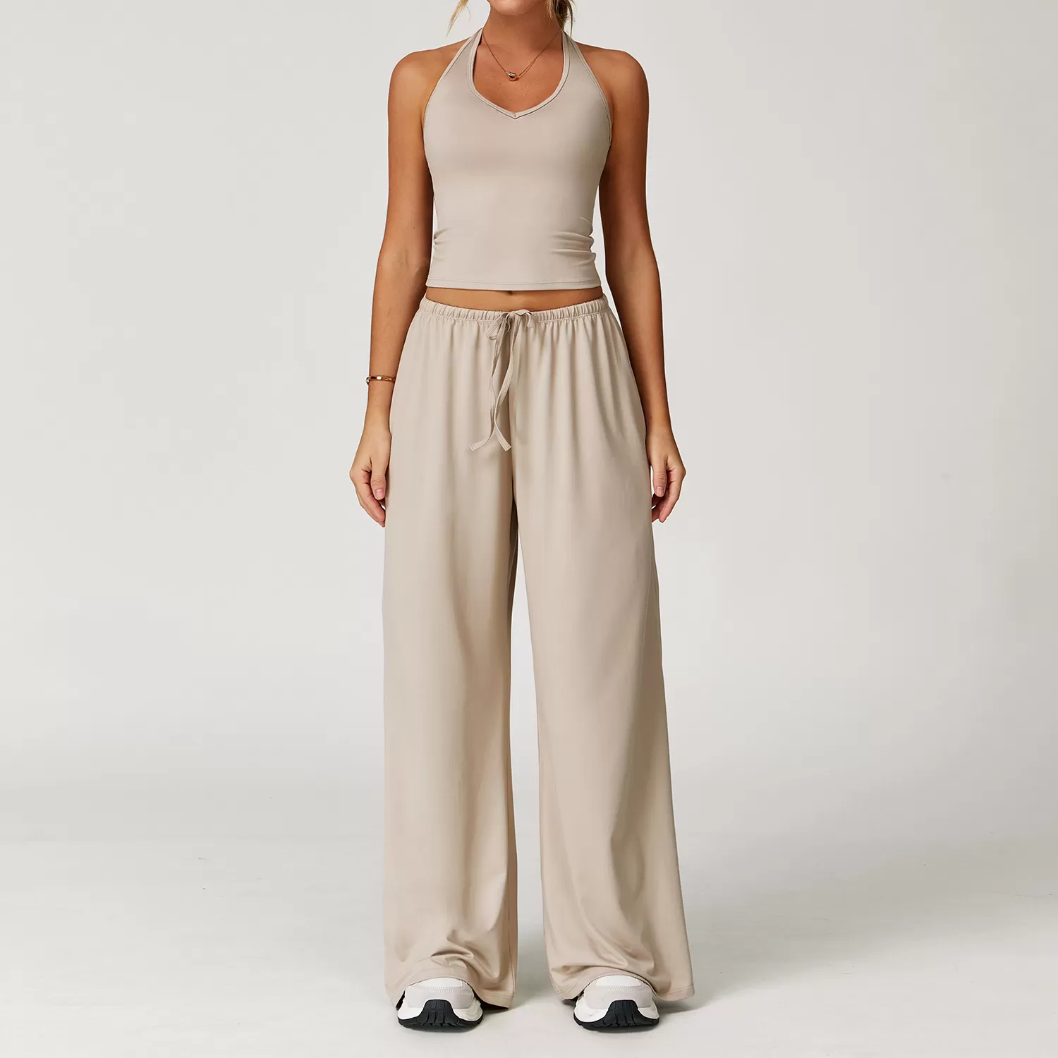 Conjunto de yoga deportivo de dos piezas para mujer, camiseta lisa, pantalon acampanado y cordon ajustable, FGBTZ3058