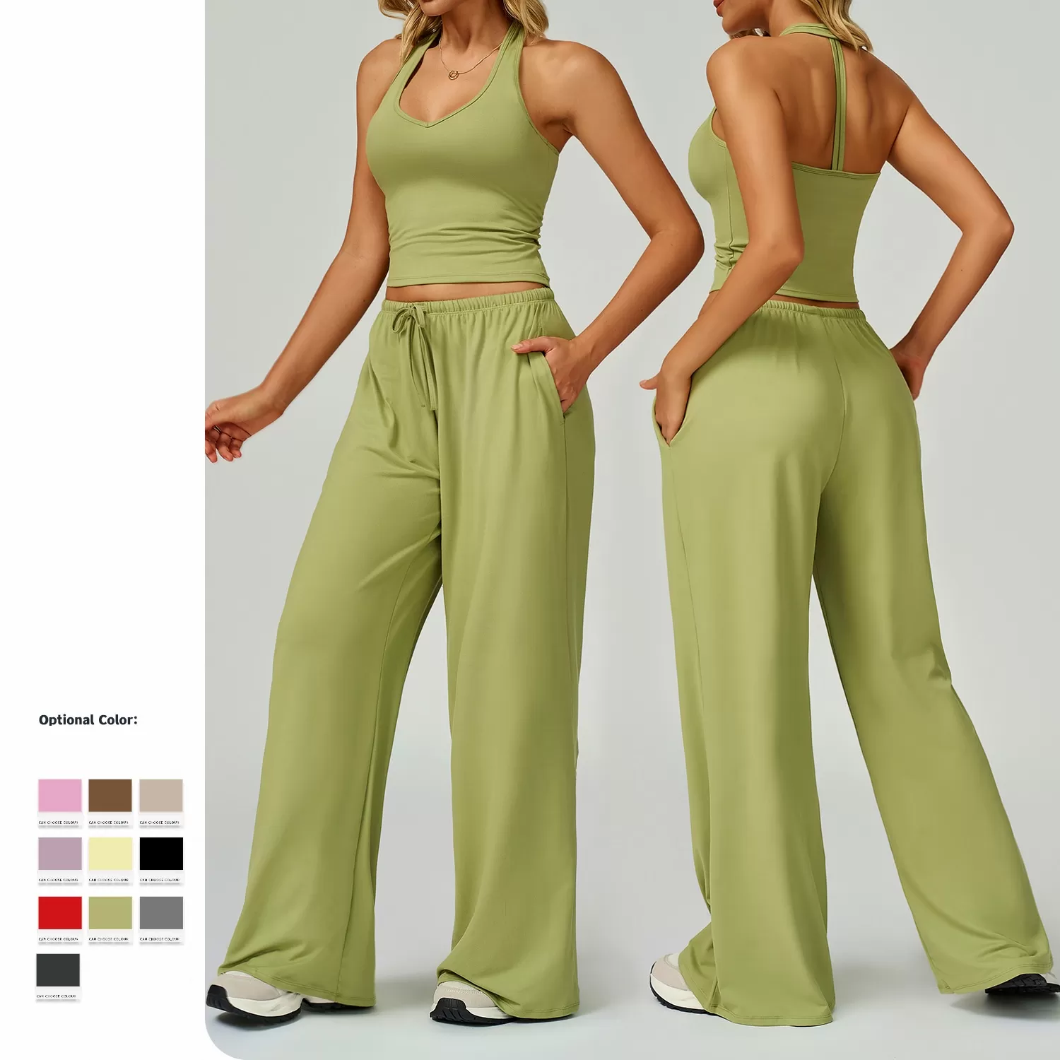 Conjunto de yoga deportivo de dos piezas para mujer, camiseta lisa, pantalon acampanado y cordon ajustable, FGBTZ3058