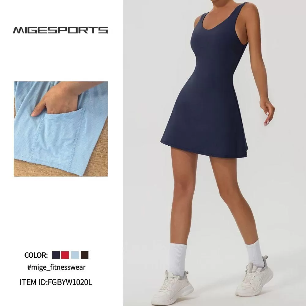 Vestido de tenis sin mangas con logotipo personalizado para mujer, con sujetador incorporado y bolsillos cortos FGBYW1020L