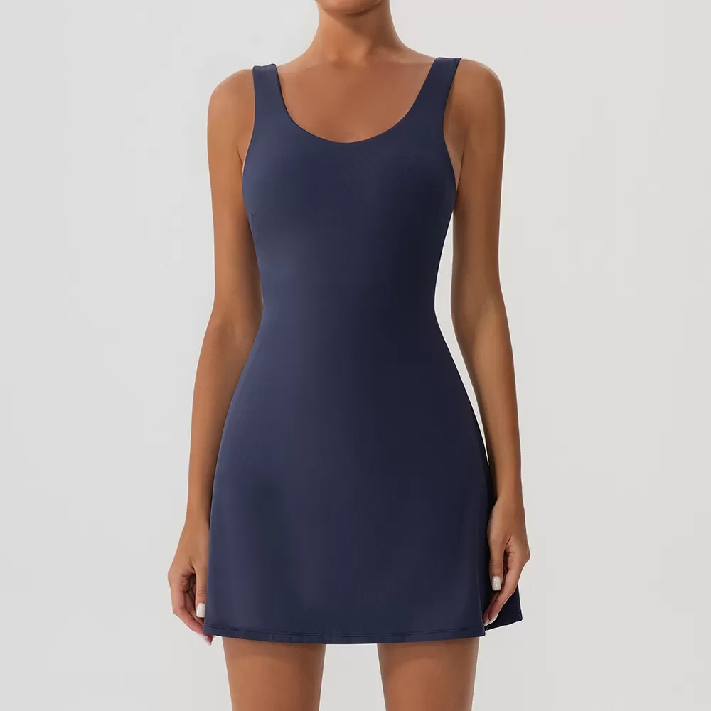 Vestido de tenis sin mangas con logotipo personalizado para mujer, con sujetador incorporado y bolsillos cortos FGBYW1020L