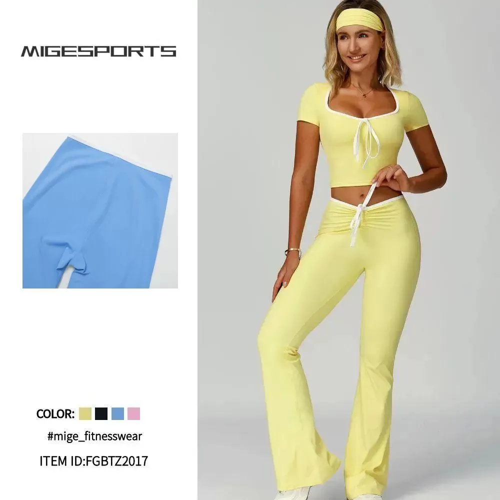 Conjuntos de yoga para mujer, camisetas de manga corta, diadema, pantalones largos, FGBTZ2017
