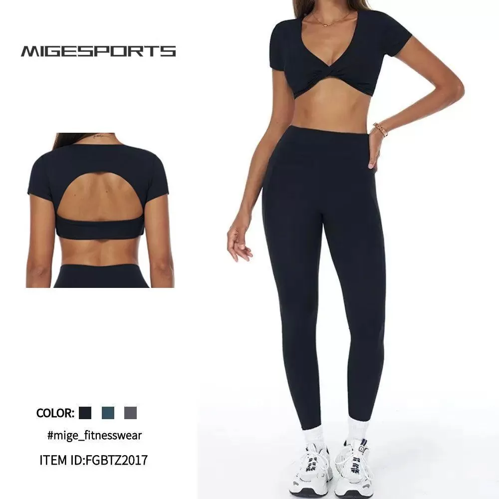 Conjunto de yoga y fitness para mujer, de manga corta y sin espalda, con leggings largos, FGBTZ3092
