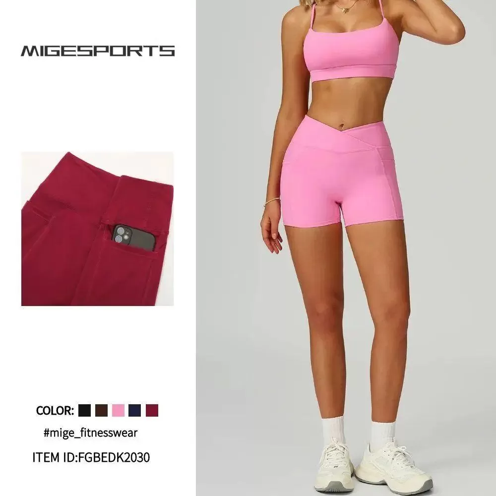 Leggings de yoga con bolsillo lateral, diseno en V, pantalones cortos deportivos ajustados para mujer, FGBEDK2030