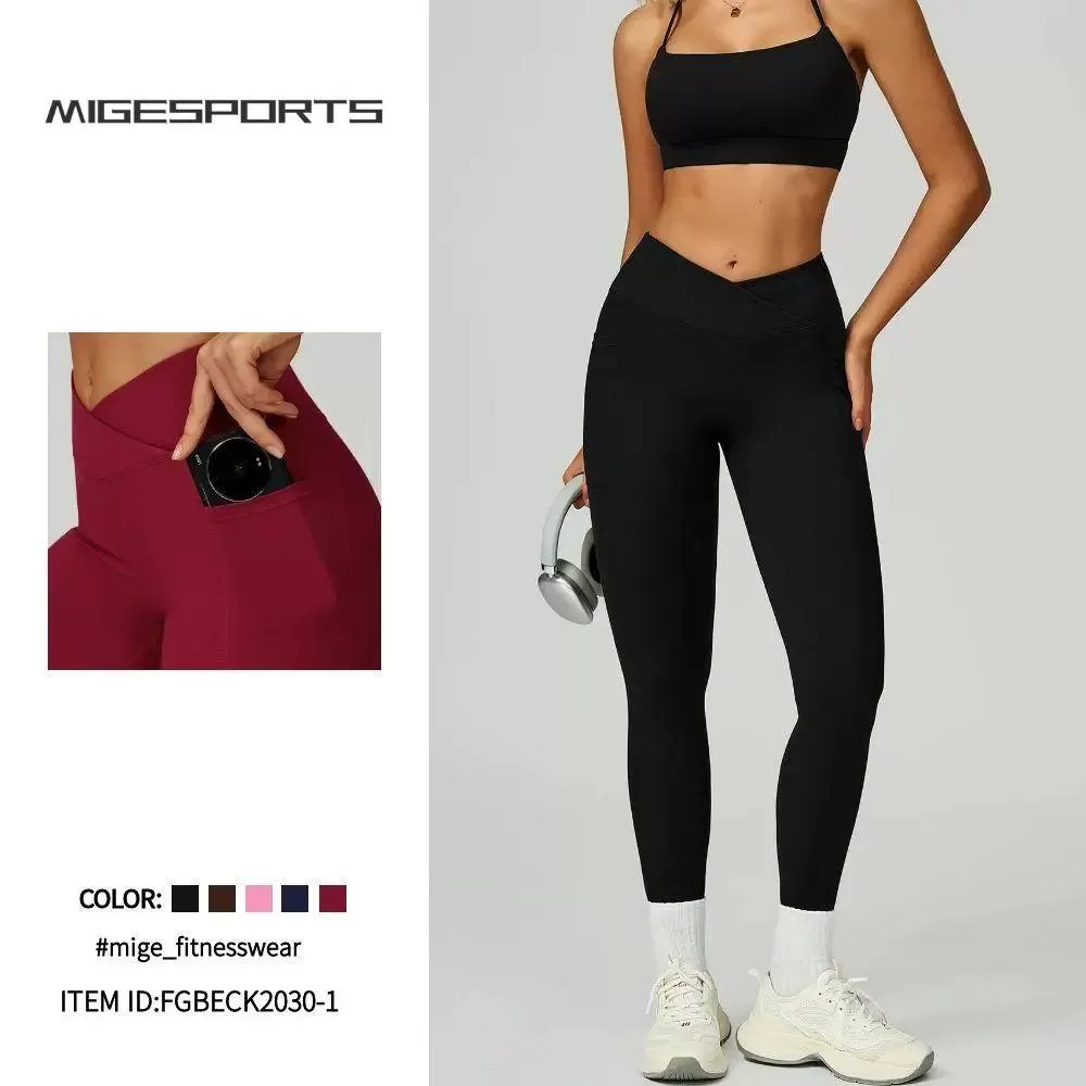 Leggings de yoga con bolsillo lateral y diseno en V para mujer, FGBECK2030-1