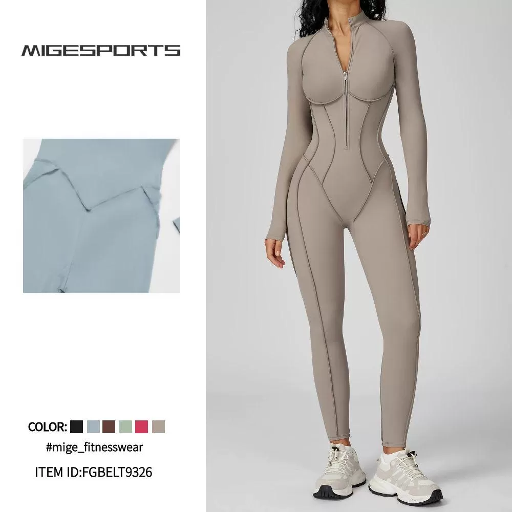 Mono deportivo de una pieza con cremallera y diseno de líneas 3D para gimnasio y yoga FGBELT9326