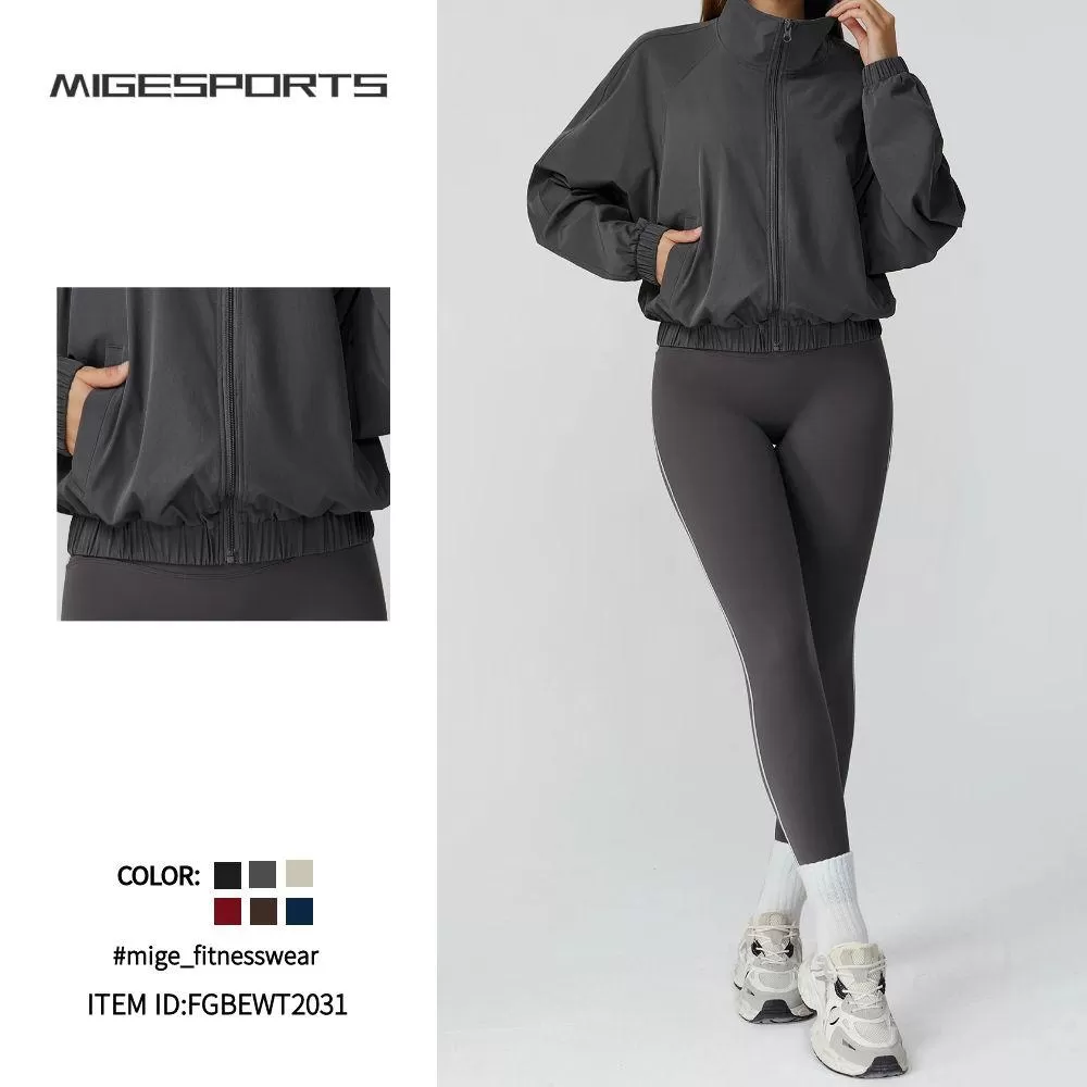 Chaqueta corta holgada para mujer, manga larga, cuello alto, cremallera, sudadera deportiva para yoga, gimnasio, entrenamiento, ropa informal FGBEWT2031