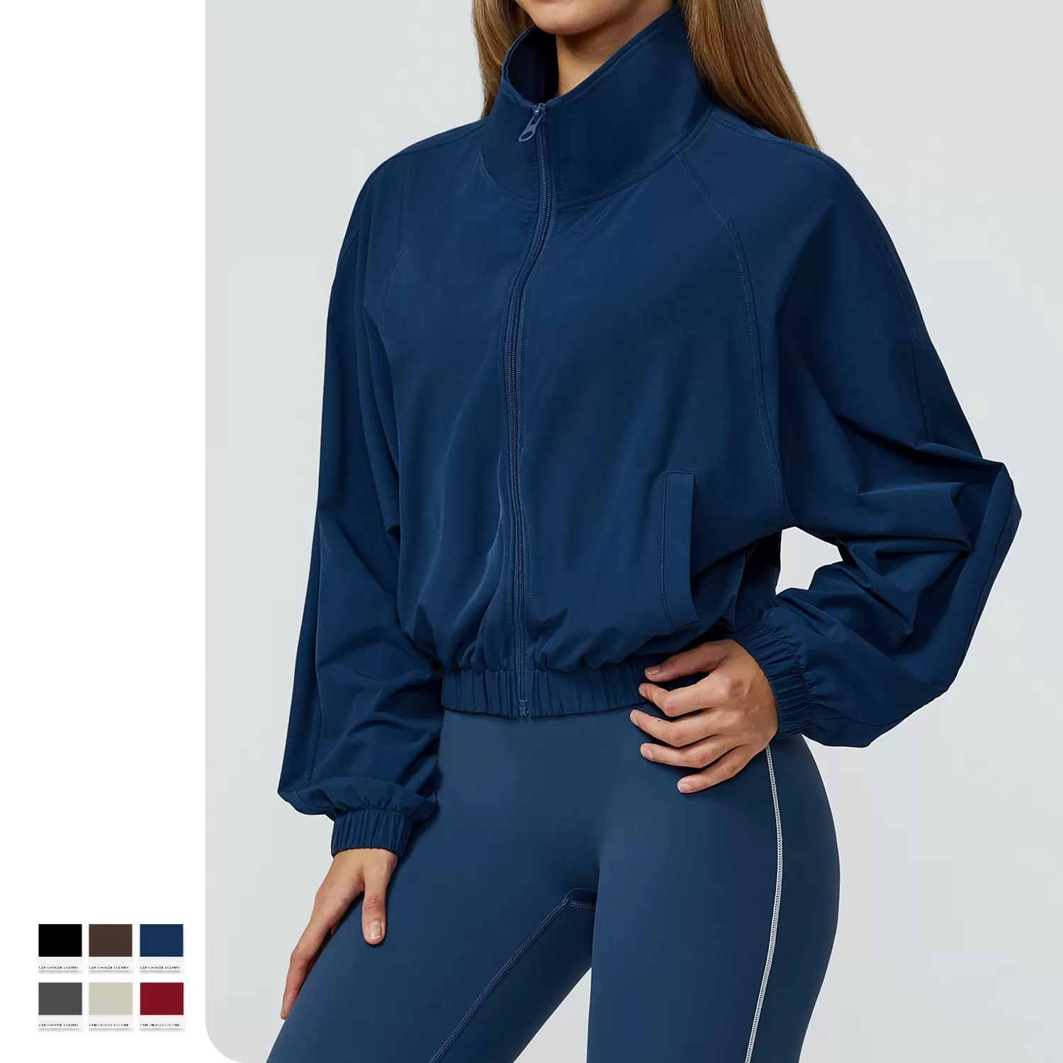 Chaqueta corta holgada para mujer, manga larga, cuello alto, cremallera, sudadera deportiva para yoga, gimnasio, entrenamiento, ropa informal FGBEWT2031