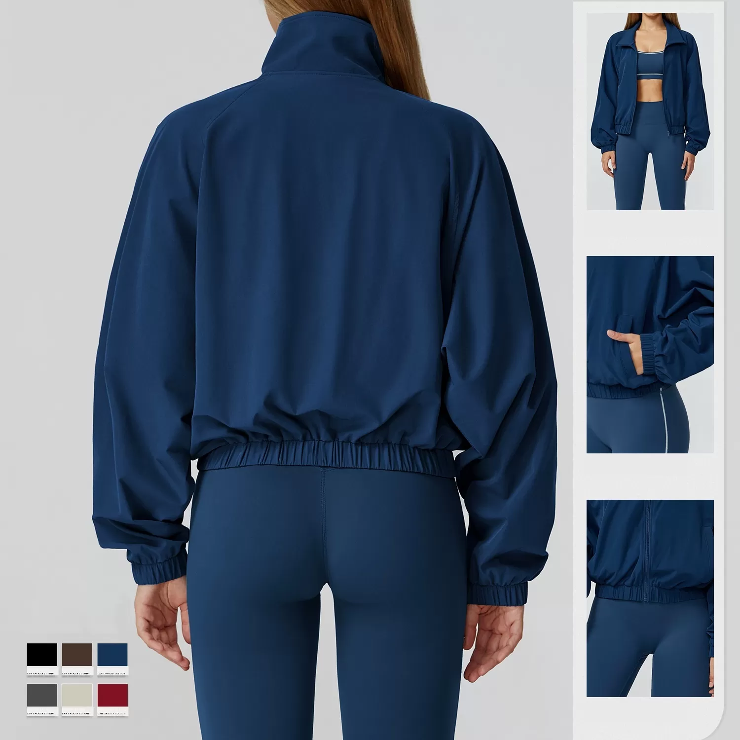 Chaqueta corta holgada para mujer, manga larga, cuello alto, cremallera, sudadera deportiva para yoga, gimnasio, entrenamiento, ropa informal FGBEWT2031
