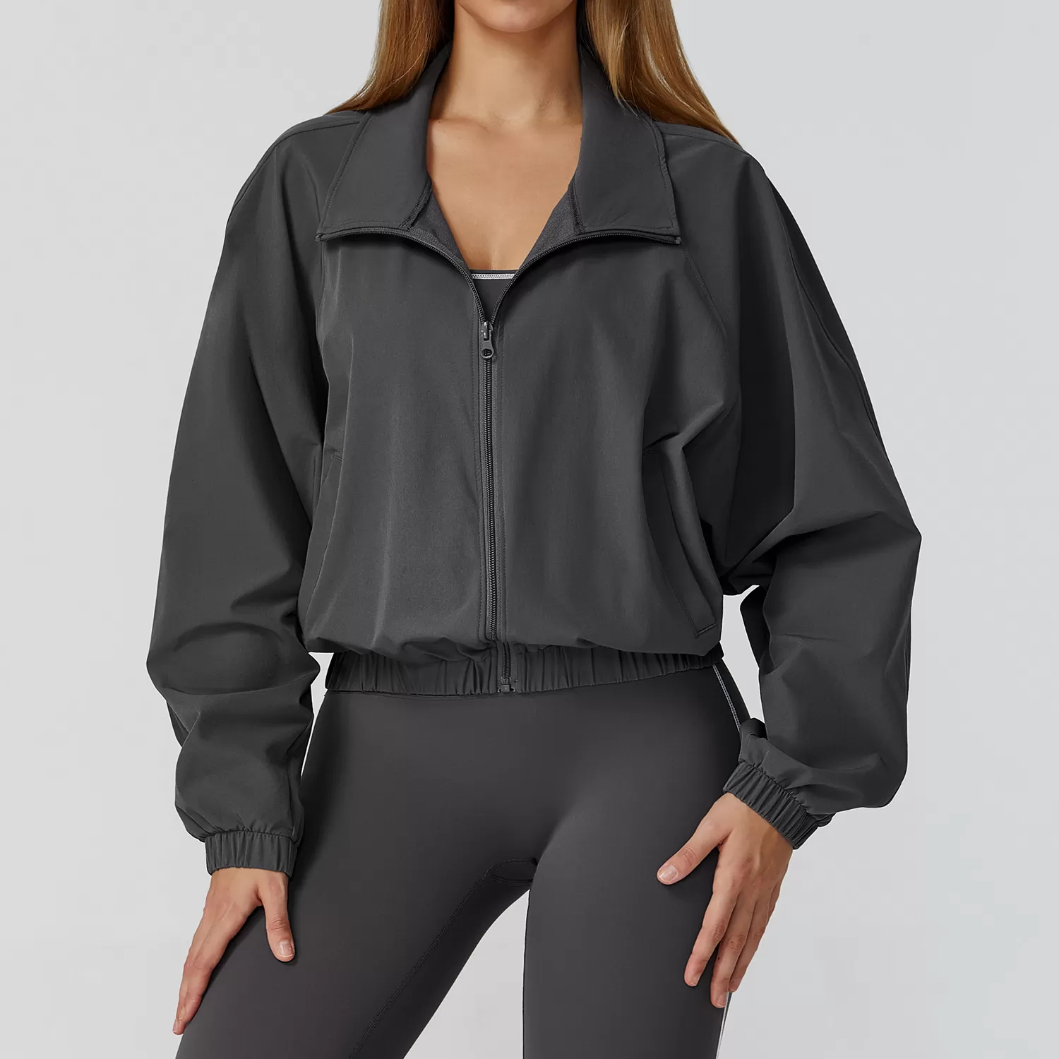Chaqueta corta holgada para mujer, manga larga, cuello alto, cremallera, sudadera deportiva para yoga, gimnasio, entrenamiento, ropa informal FGBEWT2031
