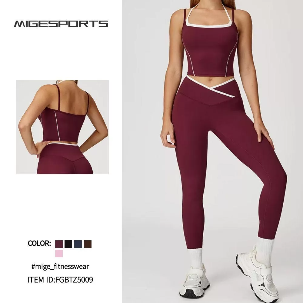 Conjunto de 4 piezas para mujer con bloques de color, leggings de yoga acampanados con cintura cruzada en V, conjunto deportivo versátil y cómodo FGBTZ5009