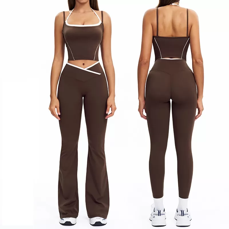 Conjunto de 4 piezas para mujer con bloques de color, leggings de yoga acampanados con cintura cruzada en V, conjunto deportivo versátil y cómodo FGBTZ5009