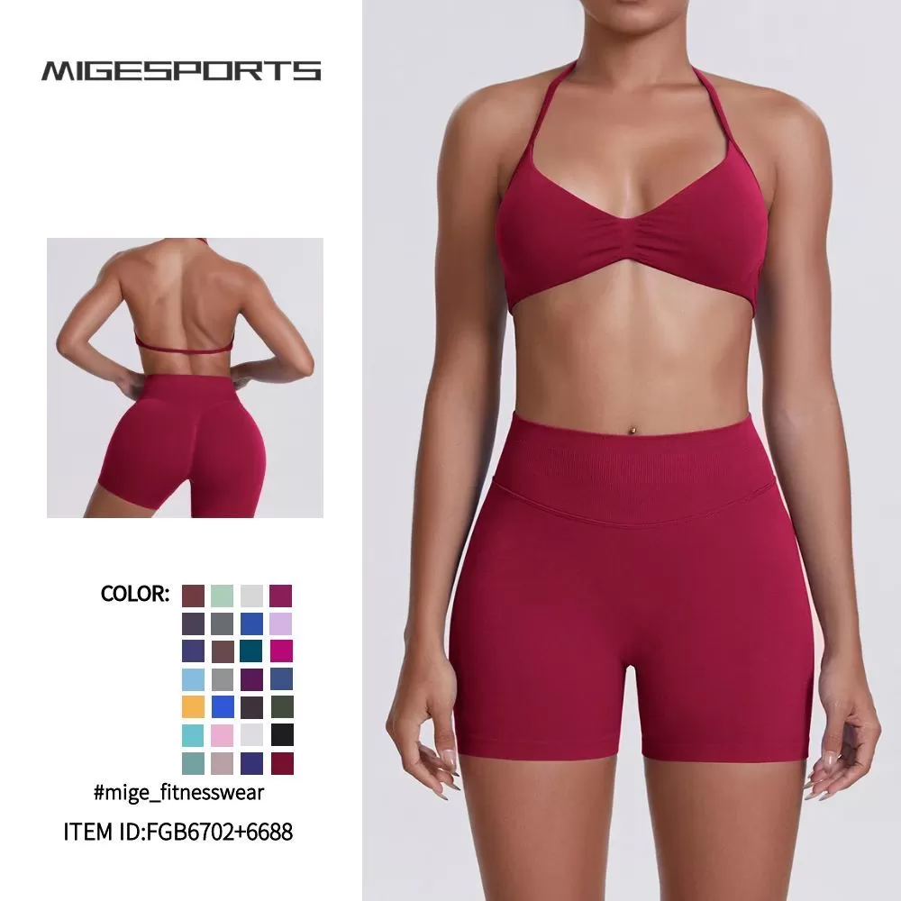 Conjunto deportivo de 2 piezas para gimnasio, running, yoga, sujetador deportivo, camiseta sin mangas, pantalones cortos de cintura alta, conjuntos de entrenamiento para mujer FGB6702+6688