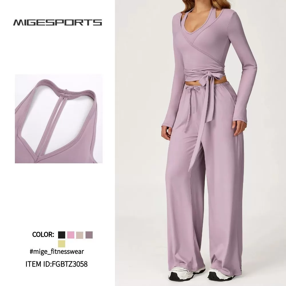 Conjuntos de poliéster para mujer, sujetador de cuello halter, pantalones rectos de cintura ajustable para yoga, conjuntos de ropa de ocio FGBTZ3058