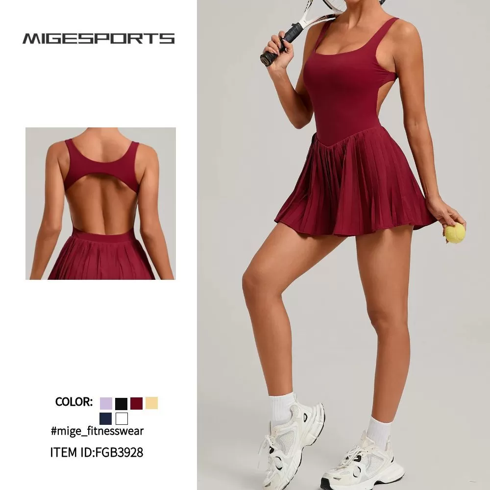 Vestido de golf para mujer, pantalones cortos, ropa deportiva de una pieza sin espalda, falda de tenis plisada, vestido de tenis de alta calidad FGB3928
