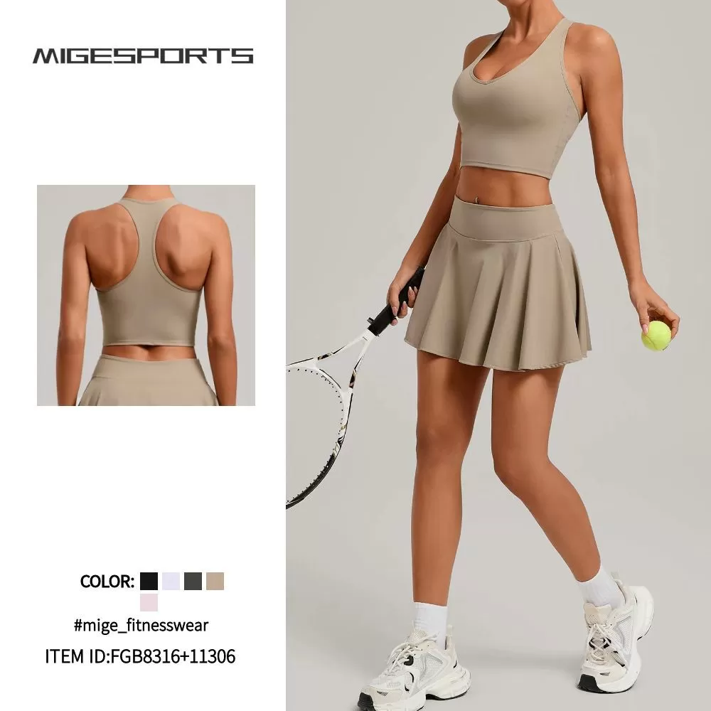 Venta al por mayor de ropa deportiva de 2 piezas para mujer, para gimnasio, yoga, entrenamiento, tenis, falda, conjunto de yoga FGB8316+11306