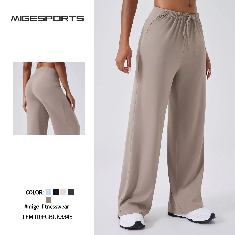 Pantalones deportivos holgados de cintura alta con cordón ajustable para mujer, informales, con logotipo personalizado, de moda, de pierna recta, FGBCK3346