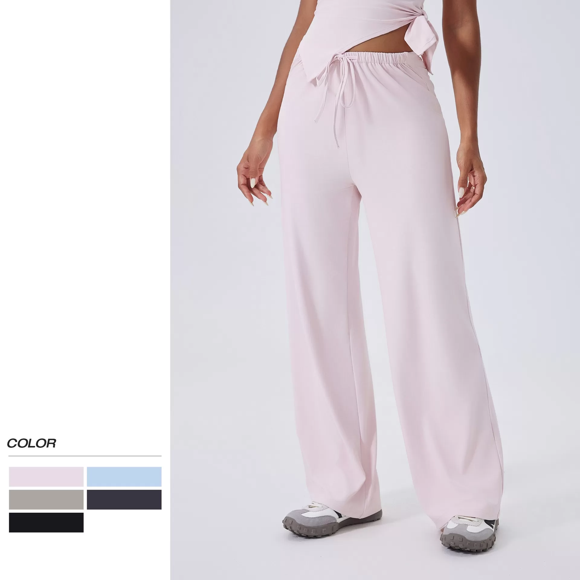 Pantalones deportivos holgados de cintura alta con cordón ajustable para mujer, informales, con logotipo personalizado, de moda, de pierna recta, FGBCK3346