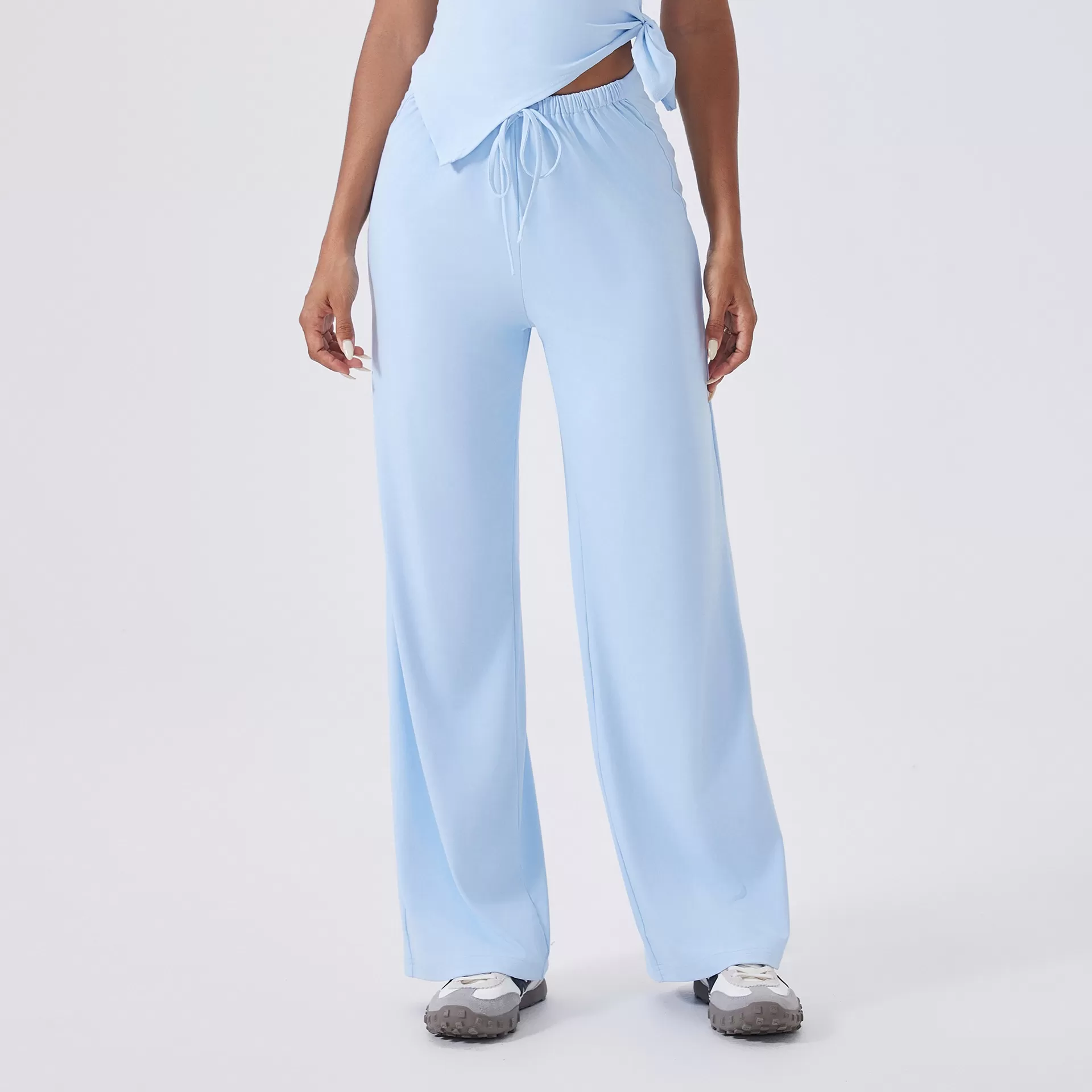 Pantalones deportivos holgados de cintura alta con cordón ajustable para mujer, informales, con logotipo personalizado, de moda, de pierna recta, FGBCK3346