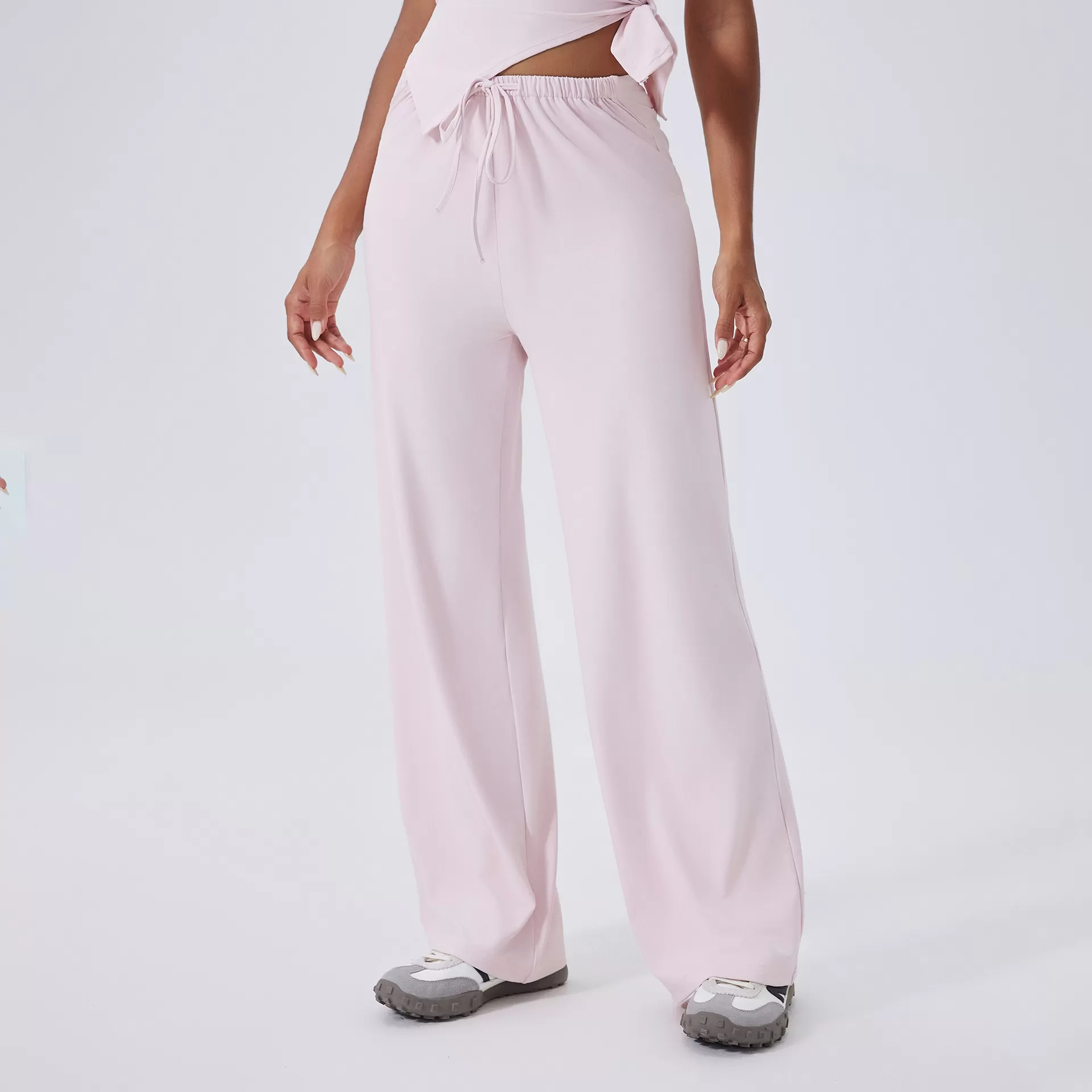 Pantalones deportivos holgados de cintura alta con cordón ajustable para mujer, informales, con logotipo personalizado, de moda, de pierna recta, FGBCK3346