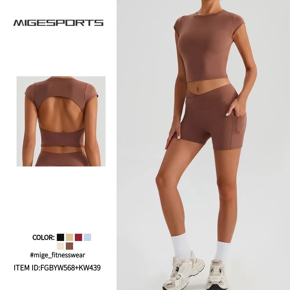 Conjunto deportivo de dos piezas para mujer, de manga corta, para yoga y fitness, para correr, FGBYW568+KW439