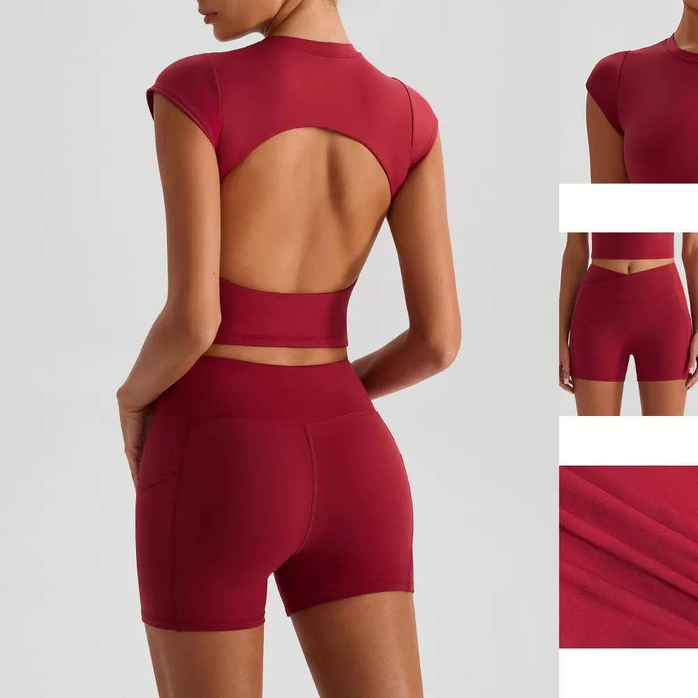 Conjunto deportivo de dos piezas para mujer, de manga corta, para yoga y fitness, para correr, FGBYW568+KW439