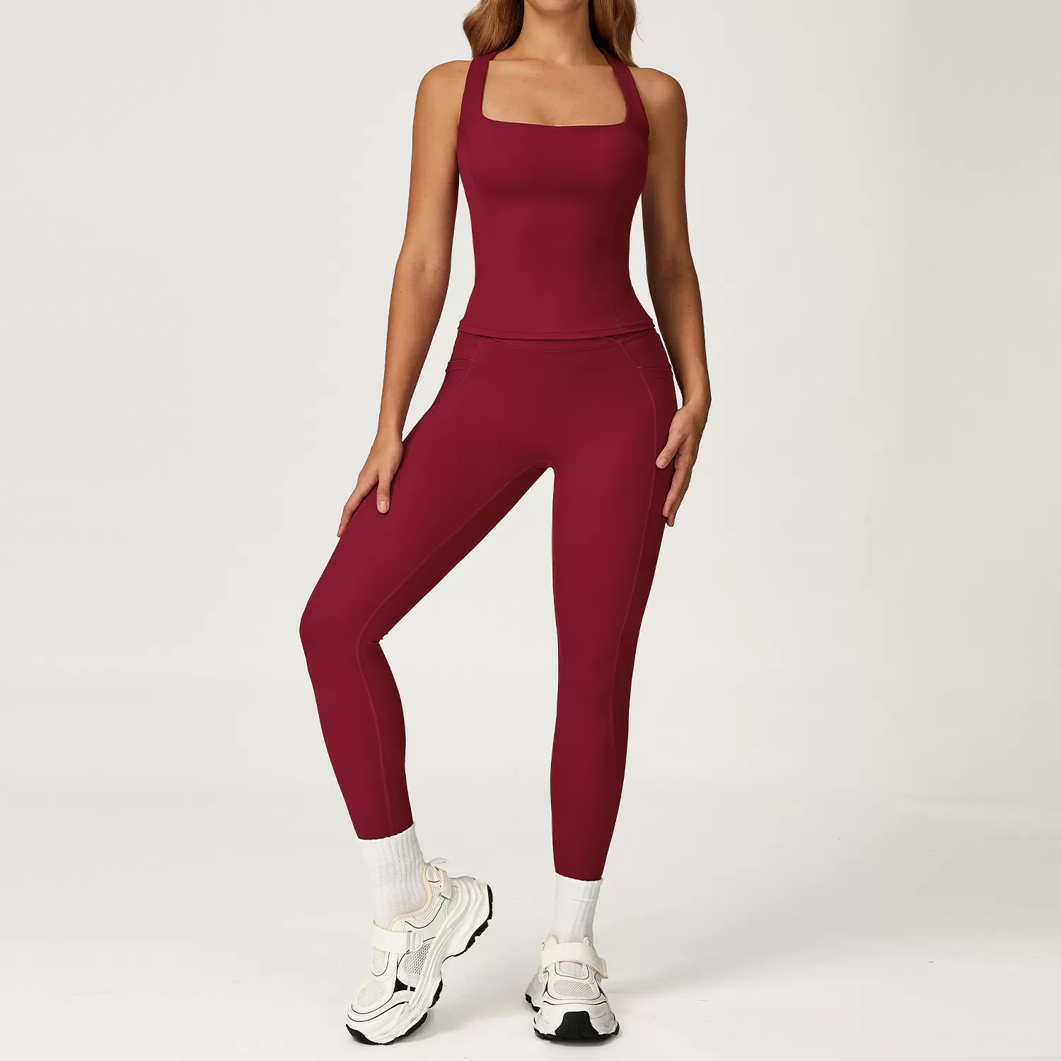 Venta al por mayor, alta calidad, camiseta de tirantes deportiva para mujer, conjunto de 2 piezas, ropa deportiva personalizada para entrenamiento de yoga, FGBTZ2044