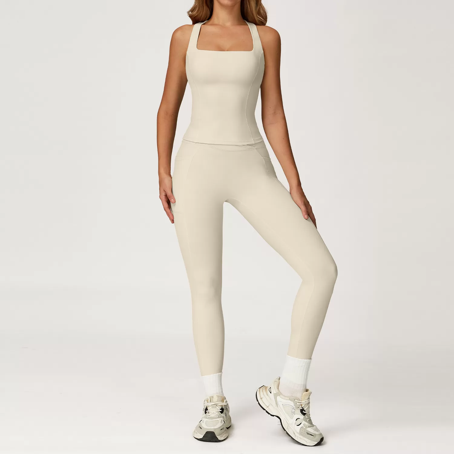 Venta al por mayor, alta calidad, camiseta de tirantes deportiva para mujer, conjunto de 2 piezas, ropa deportiva personalizada para entrenamiento de yoga, FGBTZ2044